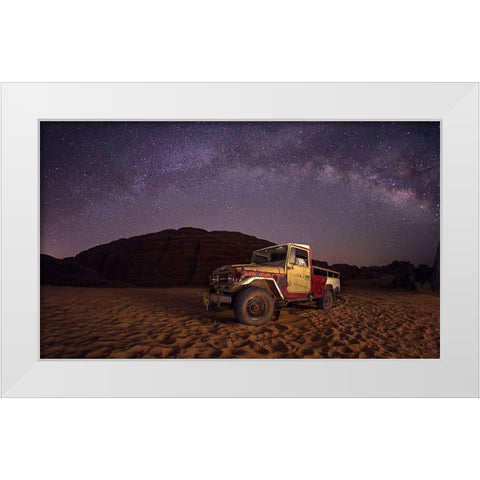 Car Under The Milkyway Galaxy White Modern Wood Framed Art Print by Shawki Ibrahim, Saad