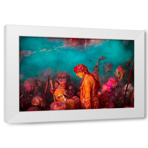 A Blue Hue Over The Singers At The Samaj During Holi White Modern Wood Framed Art Print by Rana, Ajit