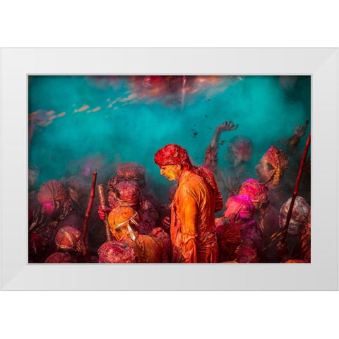A Blue Hue Over The Singers At The Samaj During Holi White Modern Wood Framed Art Print by Rana, Ajit