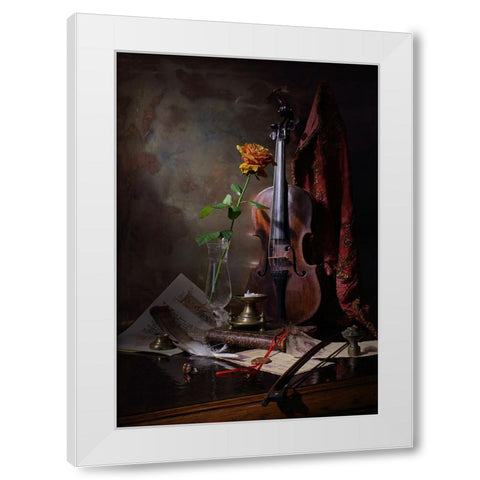 Still Life With Violin And Rose White Modern Wood Framed Art Print by Morozov, Andrey