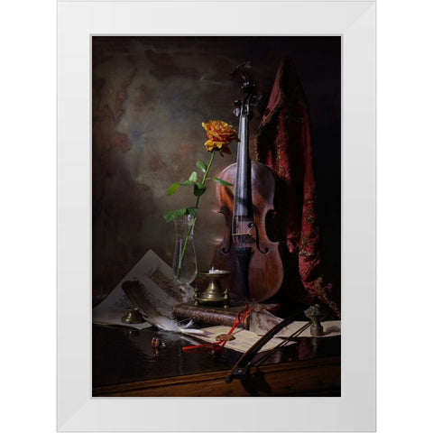 Still Life With Violin And Rose White Modern Wood Framed Art Print by Morozov, Andrey