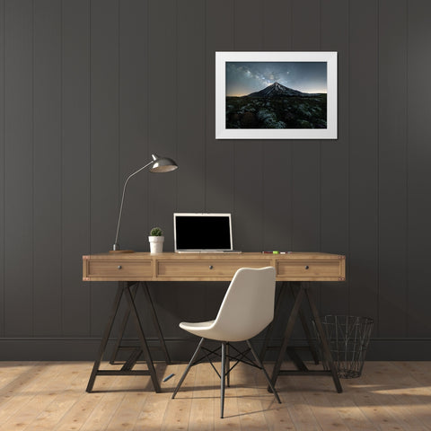 Dark horse and Damavand White Modern Wood Framed Art Print by Babaei, Hosein