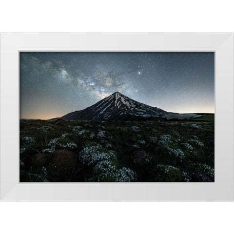 Dark horse and Damavand White Modern Wood Framed Art Print by Babaei, Hosein