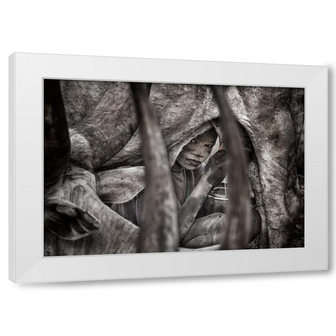 Mundari Child Milking A Cow-II - South Sudan White Modern Wood Framed Art Print by Inazio Kuesta, Joxe