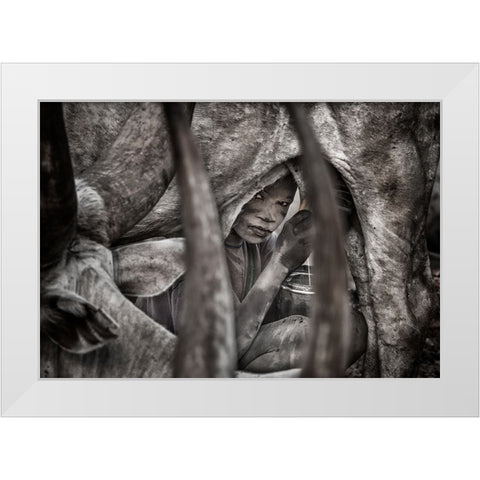 Mundari Child Milking A Cow-II - South Sudan White Modern Wood Framed Art Print by Inazio Kuesta, Joxe