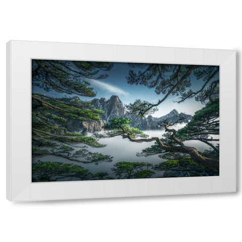 Strange Pine Tree In Yellow Mountain White Modern Wood Framed Art Print by Ye, Ningyun