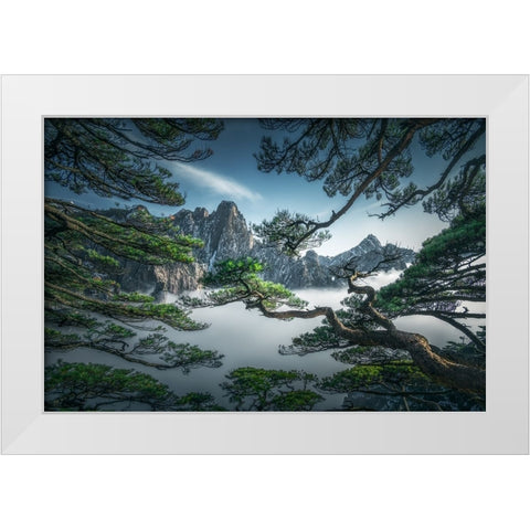 Strange Pine Tree In Yellow Mountain White Modern Wood Framed Art Print by Ye, Ningyun