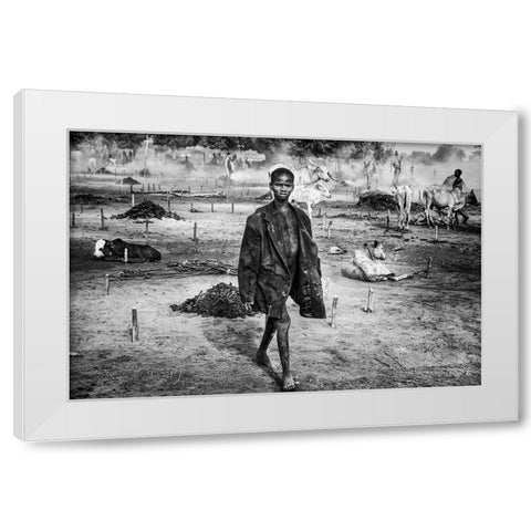 A Scene Of Life In A Mundari Cattle Camp - South Sudan White Modern Wood Framed Art Print by Inazio Kuesta, Joxe