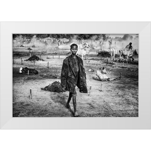 A Scene Of Life In A Mundari Cattle Camp - South Sudan White Modern Wood Framed Art Print by Inazio Kuesta, Joxe