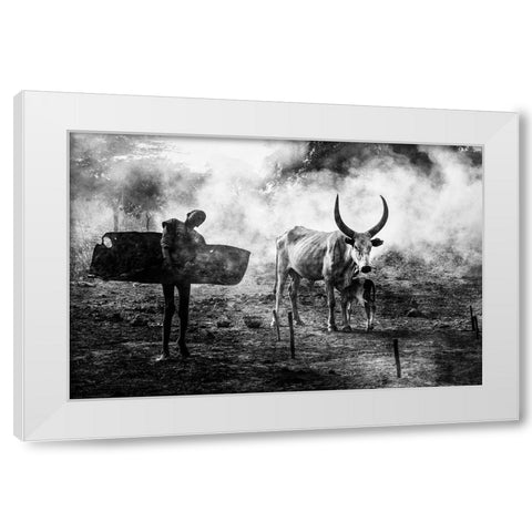 Mundari Chlid Carrying Dung - South Sudan White Modern Wood Framed Art Print by Inazio Kuesta, Joxe