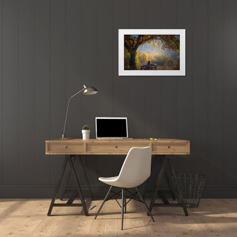 Woman Sitting On A Bench Under A Tree And Facing A Yellow Autumn White Modern Wood Framed Art Print by Oprea, Vio