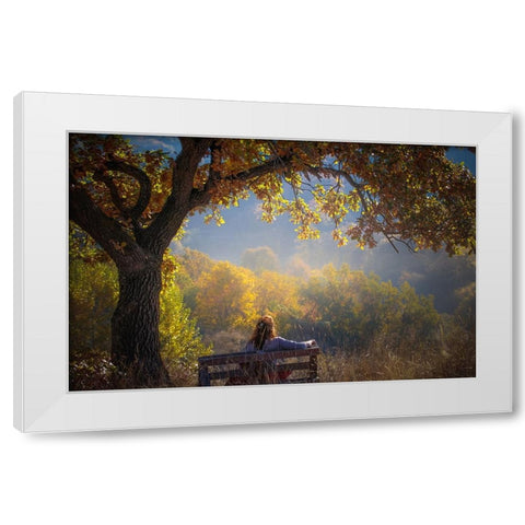 Woman Sitting On A Bench Under A Tree And Facing A Yellow Autumn White Modern Wood Framed Art Print by Oprea, Vio