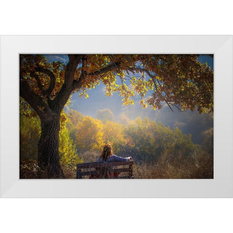 Woman Sitting On A Bench Under A Tree And Facing A Yellow Autumn White Modern Wood Framed Art Print by Oprea, Vio