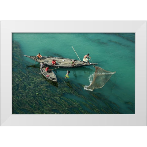Fishing In The Algae RIVer White Modern Wood Framed Art Print by Amdad Hossain, Muhammad