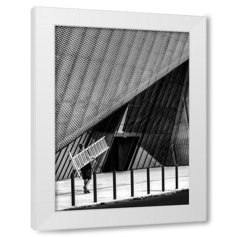 Man With A Ladder. White Modern Wood Framed Art Print by Niemiec, Anna