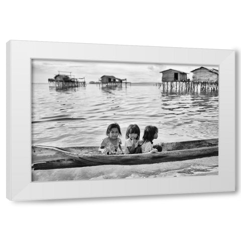 Three Girls In A Canoe White Modern Wood Framed Art Print by Long, Kieron