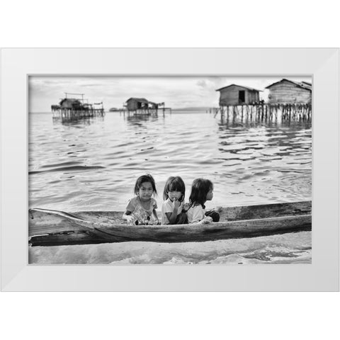 Three Girls In A Canoe White Modern Wood Framed Art Print by Long, Kieron