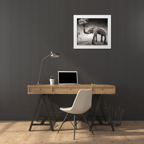 The story of elephants White Modern Wood Framed Art Print by XibiaoHuang