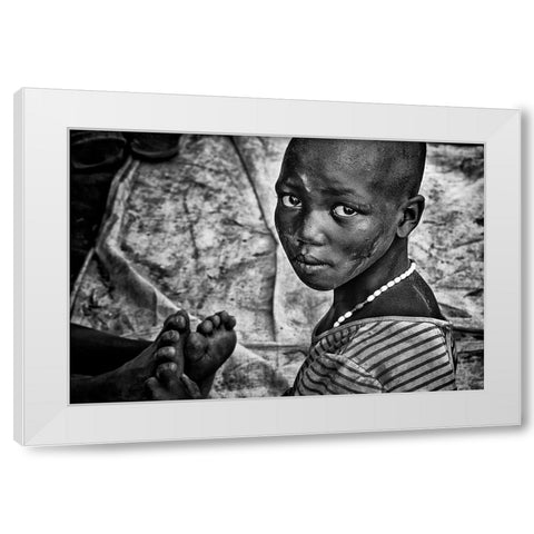 Larim Tribe Girl Massaging Feet - South Sudan White Modern Wood Framed Art Print by Inazio Kuesta, Joxe
