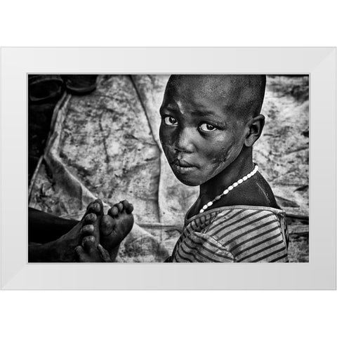 Larim Tribe Girl Massaging Feet - South Sudan White Modern Wood Framed Art Print by Inazio Kuesta, Joxe