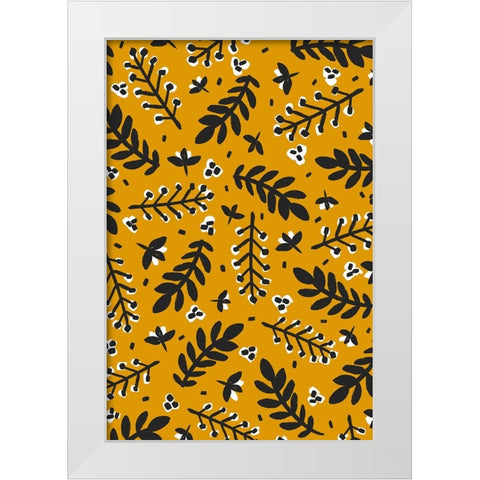 Branches And Berries (Yellow) White Modern Wood Framed Art Print by Treechild