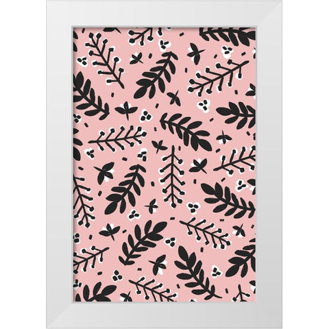 Branches And Berries (Pink) White Modern Wood Framed Art Print by Treechild