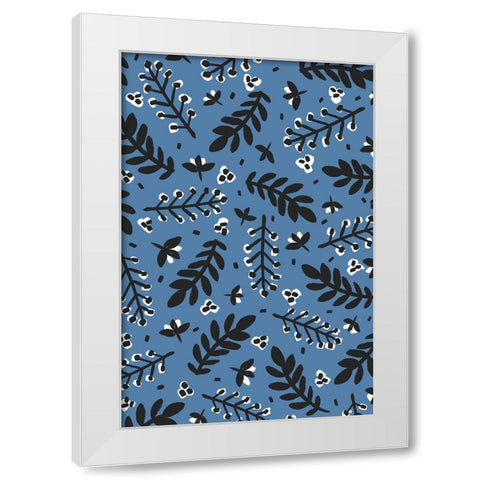 Branches And Berries (Blue) White Modern Wood Framed Art Print by Treechild