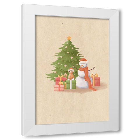 Snowman And Cat White Modern Wood Framed Art Print by Thai, Xuan