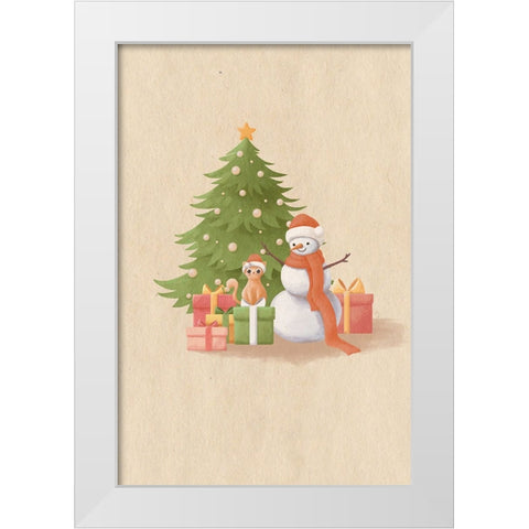 Snowman And Cat White Modern Wood Framed Art Print by Thai, Xuan