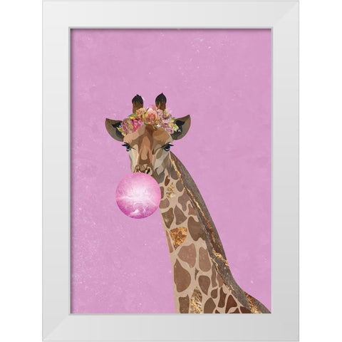 Pink giraffe bubble gum White Modern Wood Framed Art Print by Manovski, Sarah