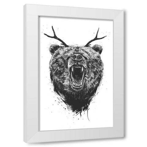 Angry Bear with Antlers White Modern Wood Framed Art Print by Solti, Balazs