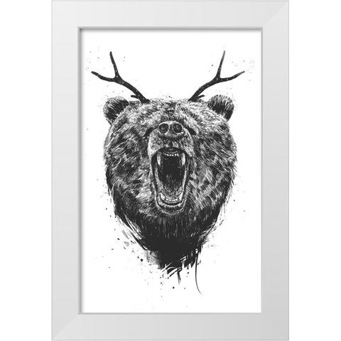 Angry Bear with Antlers White Modern Wood Framed Art Print by Solti, Balazs