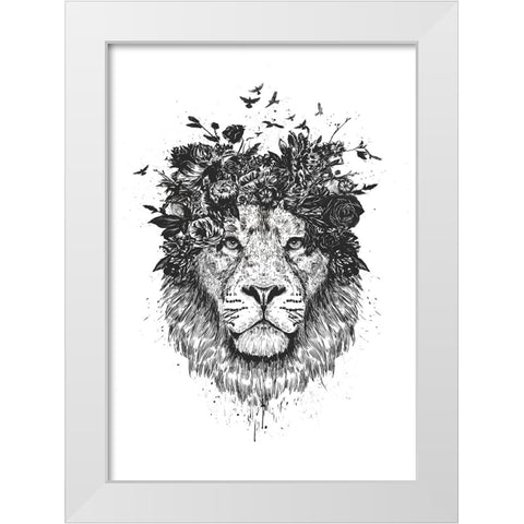 Floral lion (bw) White Modern Wood Framed Art Print by Solti, Balazs
