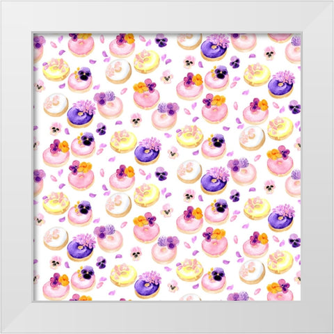 Floral watercolor donuts pattern White Modern Wood Framed Art Print by Laiz Blursbyai, Rosana
