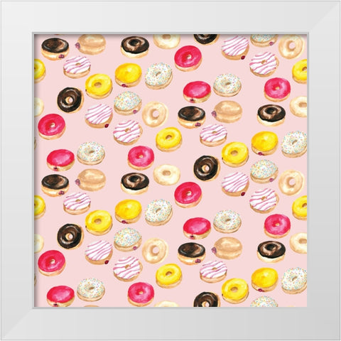 Watercolor donuts pattern in pink White Modern Wood Framed Art Print by Laiz Blursbyai, Rosana