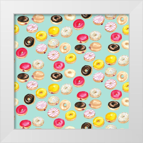 Watercolor donuts pattern in aqua White Modern Wood Framed Art Print by Laiz Blursbyai, Rosana