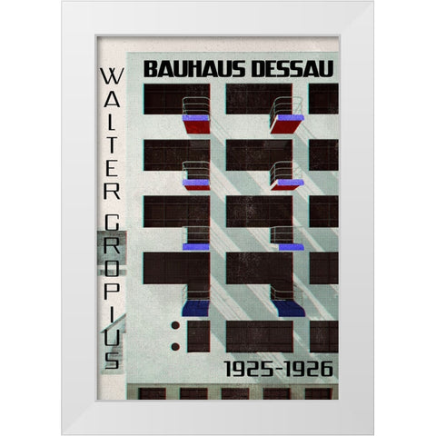 Bauhaus Dessau architecture in vintage magazine style IV White Modern Wood Framed Art Print by Laiz Blursbyai, Rosana