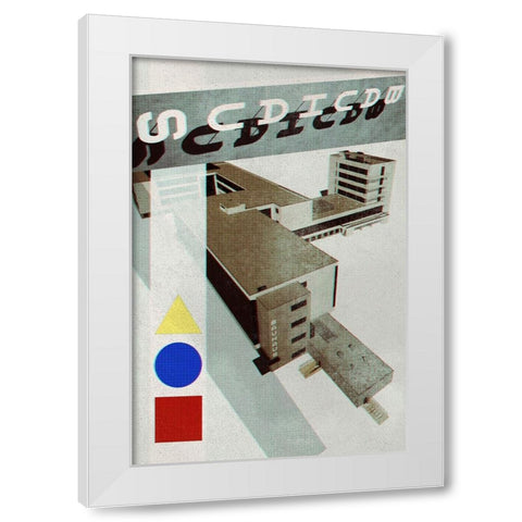 Bauhaus Dessau architecture in vintage magazine style III White Modern Wood Framed Art Print by Blursbyai, Rosana Laiz