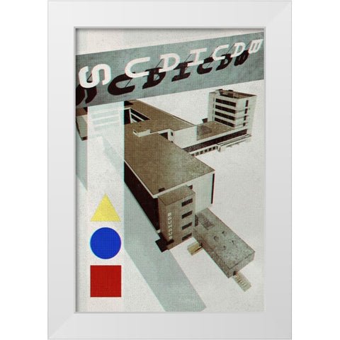 Bauhaus Dessau architecture in vintage magazine style III White Modern Wood Framed Art Print by Blursbyai, Rosana Laiz