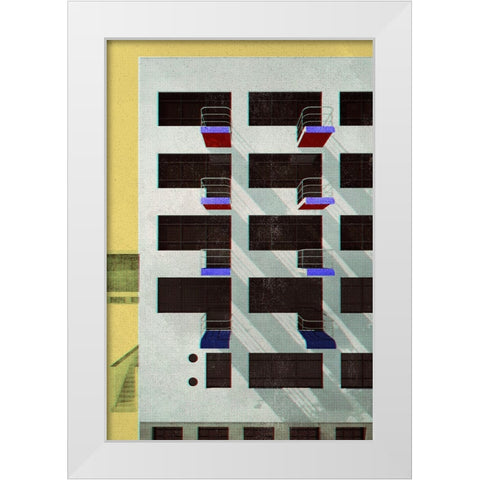 Bauhaus Dessau architecture in vintage magazine style V White Modern Wood Framed Art Print by Laiz Blursbyai, Rosana