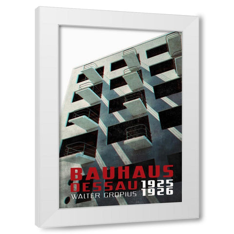 Bauhaus Dessau architecture in vintage magazine style VII White Modern Wood Framed Art Print by Laiz Blursbyai, Rosana