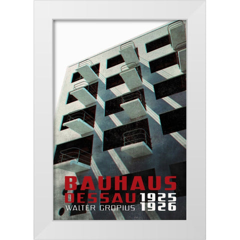 Bauhaus Dessau architecture in vintage magazine style VII White Modern Wood Framed Art Print by Laiz Blursbyai, Rosana
