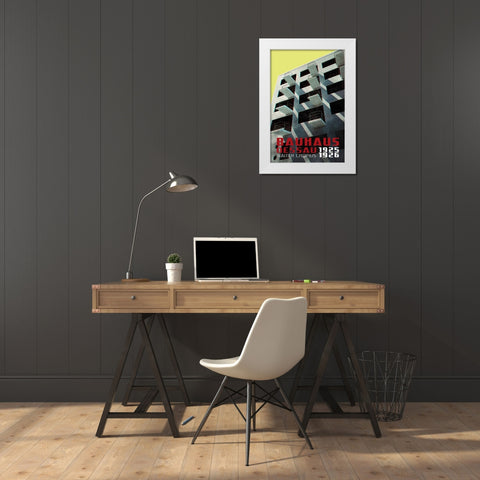 Bauhaus Dessau architecture in vintage magazine style VIII White Modern Wood Framed Art Print by Laiz Blursbyai, Rosana