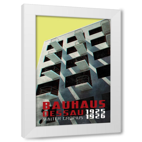 Bauhaus Dessau architecture in vintage magazine style VIII White Modern Wood Framed Art Print by Laiz Blursbyai, Rosana