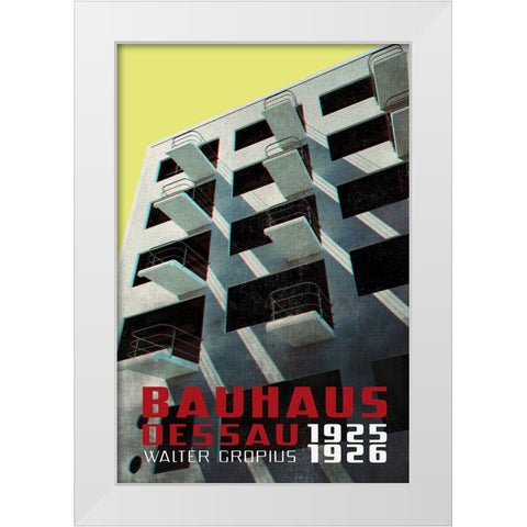 Bauhaus Dessau architecture in vintage magazine style VIII White Modern Wood Framed Art Print by Laiz Blursbyai, Rosana