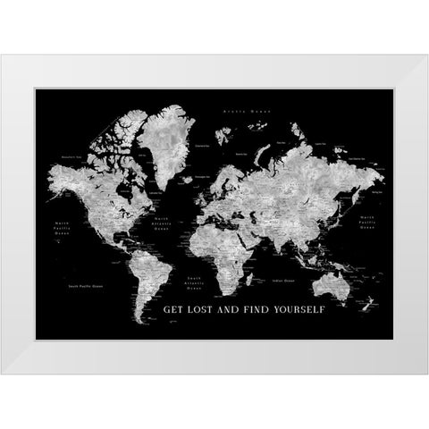 Baibah world map with cities - get lost White Modern Wood Framed Art Print by Laiz Blursbyai, Rosana