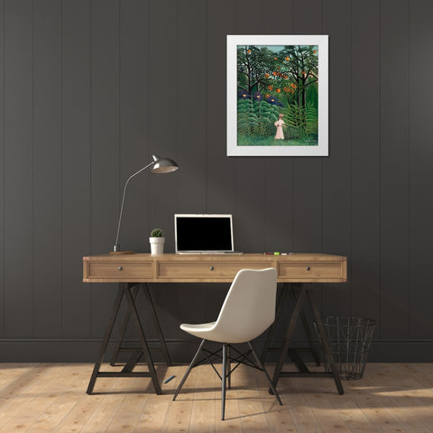 Femme Se Promenant Dans Une Foret Exotique White Modern Wood Framed Art Print by Pictufy