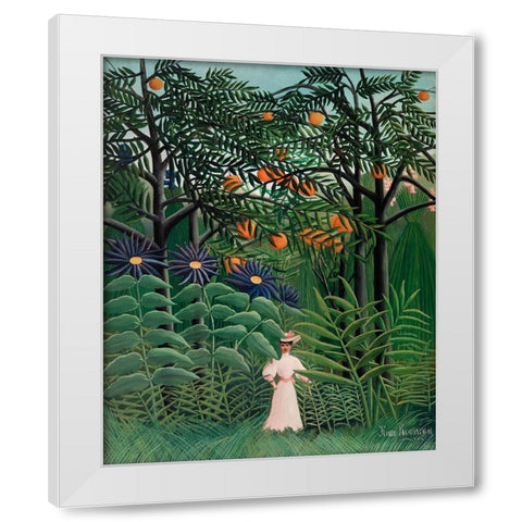 Femme Se Promenant Dans Une Foret Exotique White Modern Wood Framed Art Print by Pictufy