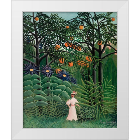 Femme Se Promenant Dans Une Foret Exotique White Modern Wood Framed Art Print by Pictufy