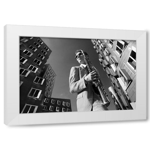 Dr.Sax Is In Town White Modern Wood Framed Art Print by Jovancevic, Dragan